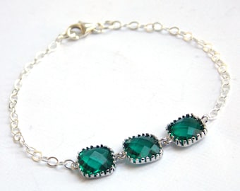 Glass Bracelet, Green Bracelet, Green Emerald Bracelet, Sterling Silver Bracelet Crystal, Dark Green, Bridesmaid Bracelets, Bridesmaid Gift
