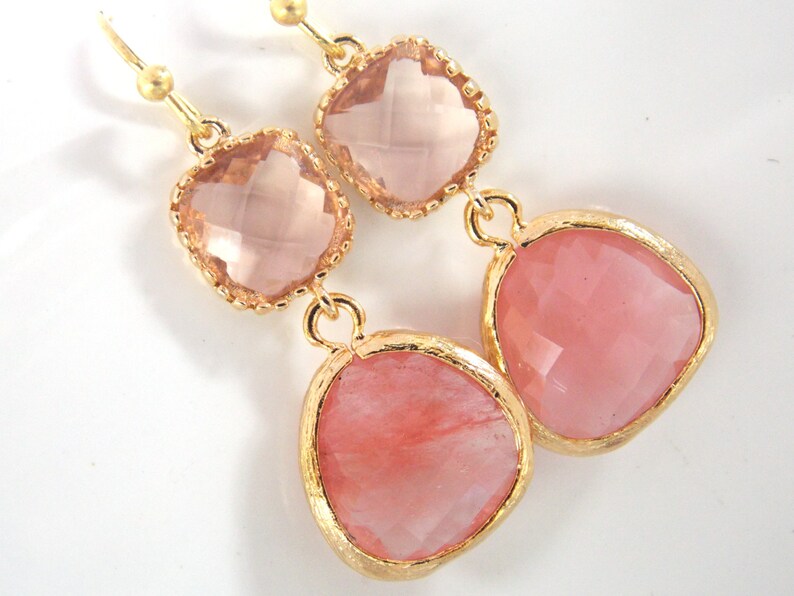 Peach Earrings, Coral Earrings, Glass Earrings, Champagne, Gold, Wedding Jewelry, Bridesmaid Gifts, Bridesmaid Earrings, Bridal Jewelry image 2