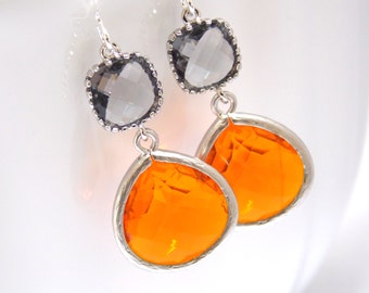 Orange Earrings, Gray Earrings, Grey Earrings, Tangerine Carnelian Silver Charcoal, Bridesmaid Earrings, Bridesmaid Gift, Bridesmaid Jewelry