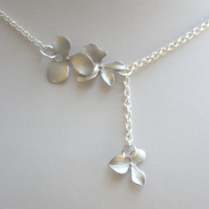 Orchid Flower Necklace, Orchid Lariat Necklace, Triple, Silver Necklace, Wedding, Bridesmaid Gifts, Bridesmaid Gift, Silver Orchid Necklace image 2