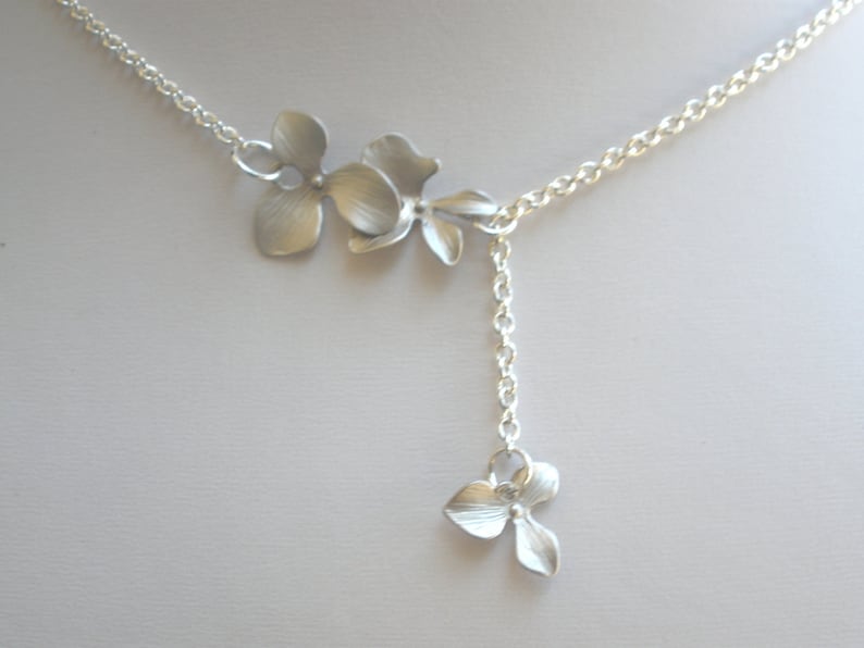 Orchid Flower Necklace, Orchid Lariat Necklace, Triple, Silver Necklace, Wedding, Bridesmaid Gifts, Bridesmaid Gift, Silver Orchid Necklace image 2