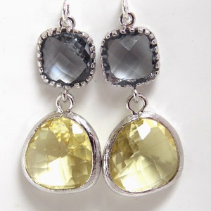 Glazen oorbellen, gele oorbellen, grijze oorbellen zilver grijs, Citrien Oorbellen, Wedding Bridesmaid Oorbellen, Bruidsoorbellen, Bruidsmeisje Cadeau