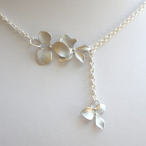 Orchid Flower Necklace, Orchid Lariat Necklace, Triple, Silver Necklace, Wedding, Bridesmaid Gifts, Bridesmaid Gift, Silver Orchid Necklace