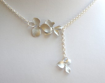 Orchid Flower Necklace, Orchid Lariat Necklace, Triple, Silver Necklace, Wedding, Bridesmaid Gifts, Bridesmaid Gift, Silver Orchid Necklace