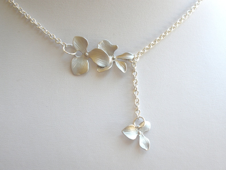 Orchid Flower Necklace, Orchid Lariat Necklace, Triple, Silver Necklace, Wedding, Bridesmaid Gifts, Bridesmaid Gift, Silver Orchid Necklace image 1