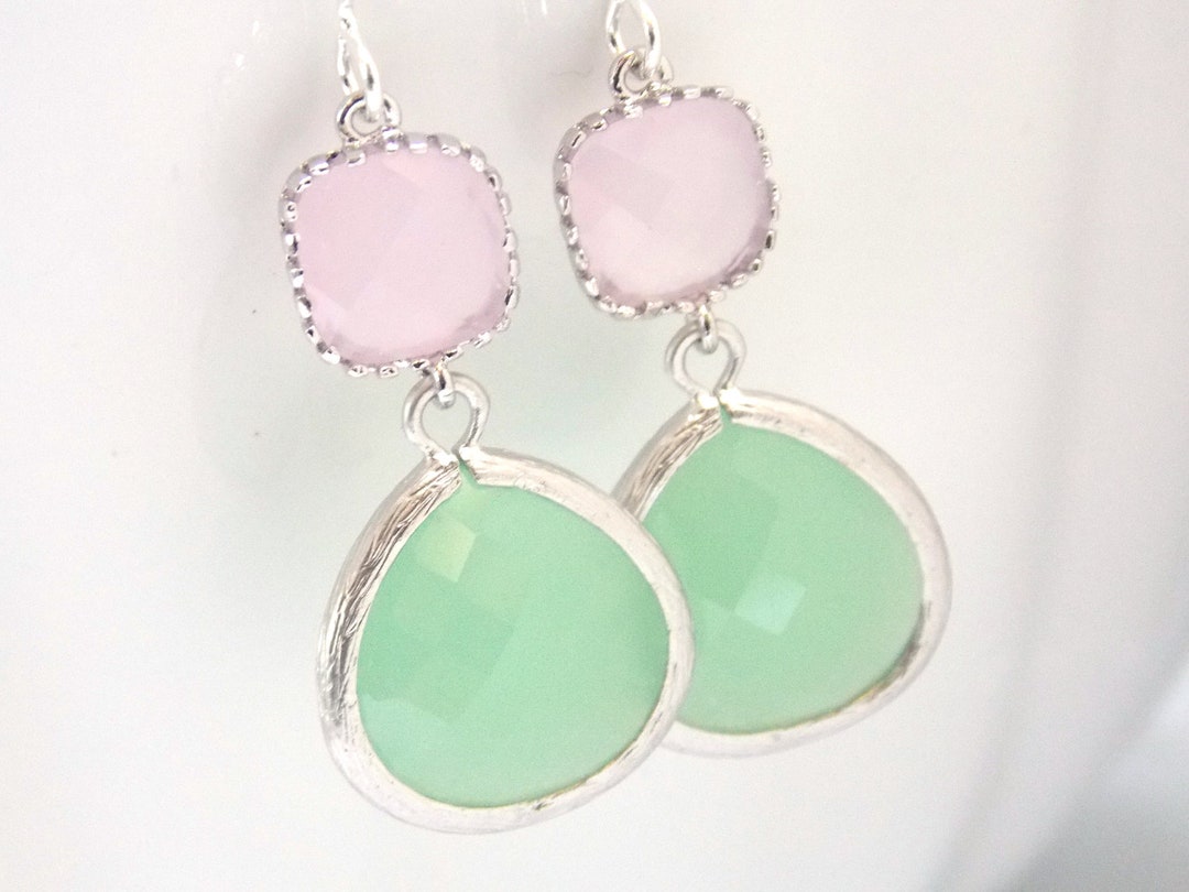 Mint Green Earrings Light Green Pink Earrings Soft Pink Etsy