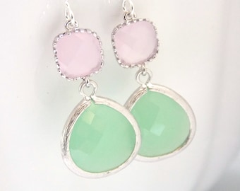Orecchini verdi alla menta, verde chiaro, orecchini rosa, rosa tenue, pallido, d'argento, orecchini da sposa, gioielli da sposa, regali da damigella d'onore