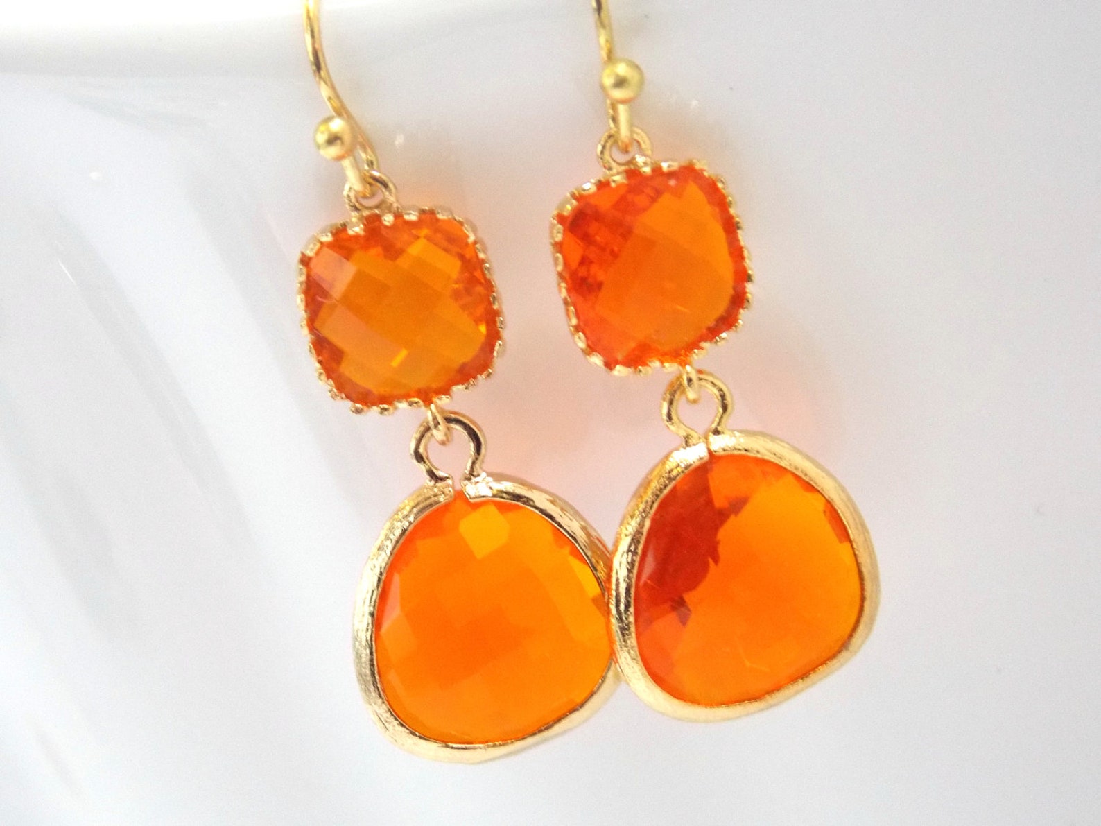 Glass Earrings Orange Earrings Gold Orange Earrings Etsy