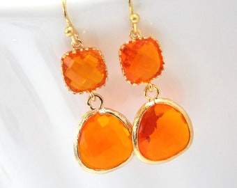 Glass Earrings, Orange Earrings, Gold Orange Earrings, Tangerine, Wedding, Bridesmaid Earrings, Bridal Earrings Jewelry, Bridesmaid Gifts