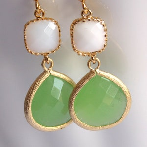 Green Earrings, Green Apple, Peridot Earrings, White Earrings, Opal Earrings, Opalescent, Gold Earrings, Birthday Gift, Friend Gift, Dangle