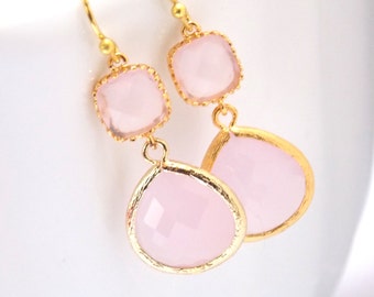 Pink Earrings, Glass Earrings, Gold Earrings, Ice Pink, Soft Pink, Light Pink, Wedding Jewelry, Bridesmaid Earrings, Bridal Bridesmaid Gift