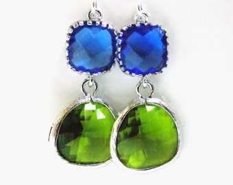 Glass Earrings, Green Earrings, Silver Green Earrings, Apple Green, Blue Earrings, Cobalt, Royal Blue, Bridesmaid Earrings, Bridesmaid Gift