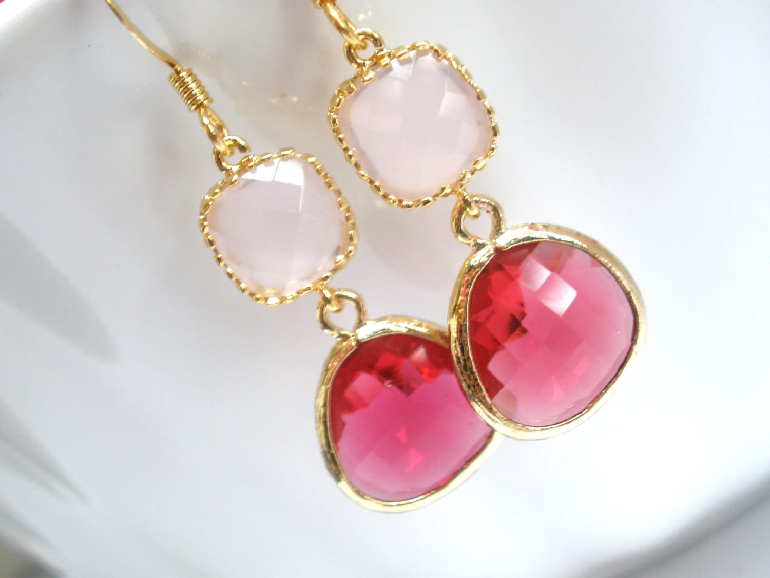 Glass Earrings Pink Earrings Gold Fuschia Earrings Soft Etsy