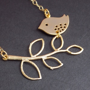 Bird Necklace, Bird and Branch, Gold Bird Necklace, Sparrow Branch Necklace, Matte Bird Pendant, Leaves on a Branch, Cute Sweet Birdie, Gift