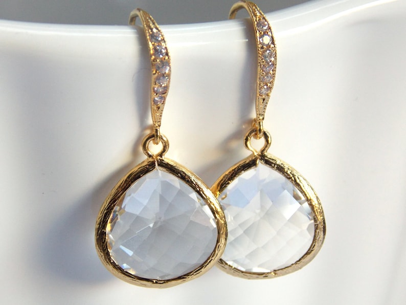 Clear Earrings Bridesmaid Earrings Wedding Jewelry Glass Earrings Bridal Earrings Bridesmaid Gifts Crystal Gold Bride Earrings