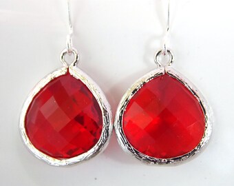 Red Earrings, Silver Earrings, Silver Red Earrings, Ruby, Glass Earrings, Bridesmaid Earrings, Bridal Earrings Jewelry, Bridesmaid Gifts