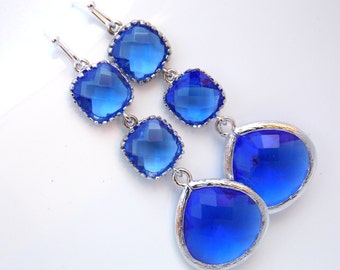 Blue Earrings, Cobalt Blue, Glass Earrings, Long Earrings, Dangle, Silver, Bridesmaid Jewelry, Bridesmaid Earrings, Bridal, Bridesmaid Gift
