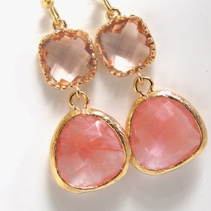 Peach Earrings, Coral Earrings, Glass Earrings, Champagne, Gold, Wedding Jewelry, Bridesmaid Gifts, Bridesmaid Earrings, Bridal Jewelry