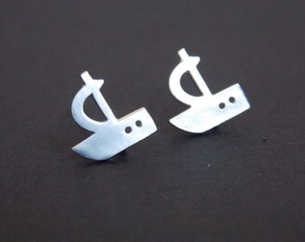 Sailboat Earrings, Ship Earrings, Silver Earrings, Boat Ship Jewelry, Dainty Jewelry, Stud Earrings, Matte Rhodium, Birthday Gift