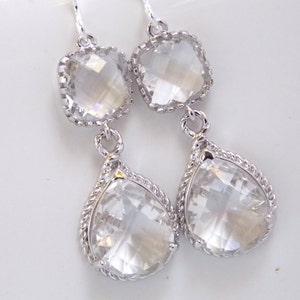 Silver Crystal Glass Earrings, Clear Earrings, Bride Earrings, Bridesmaid Jewelry, Wedding Jewelry, Bridesmaid Earrings, Bridal Earrings
