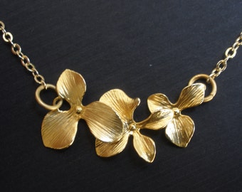 Orchid Flower Necklace, Bridesmaid Jewelry, Pendant, Gold Flower Necklace, Wedding, Bridesmaid Necklace, Bridal Jewelry, Bridesmaid Gift