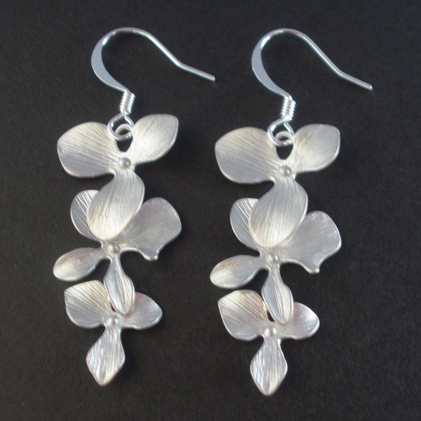 Silver Orchid Earrings, Silver Flower Earrings,Three Flower, Dangle, Silver Earrings, Bridesmaid Earrings, Bridesmaid Gifts, Bridal Earring