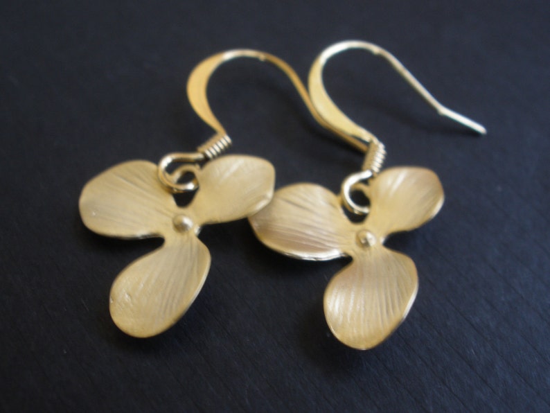 Gold Orchid Earrings Flower Earrings Triple Petal Matte Etsy