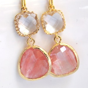 Coral Earrings, Glass, Peach, Clear, Drop, Dangle, Champagne, Gold, Wedding Jewelry, Bridesmaid Gifts, Bridesmaid Earrings, Bridal Jewelry