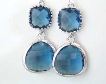 Navy Blue Earrings, Navy Earrings, Silver, Dark Blue, Glass, Dangle, Sapphire Blue, Bridesmaid Earrings, Bridal Jewelry, Bridesmaid Gifts