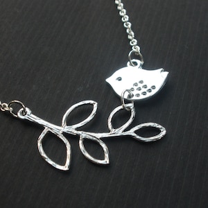 Bird Necklace, Bird and Branch, Silver Bird Necklace, Sparrow on a Branch Necklace, Silver Necklace, Leaves on a Branch, Sweet Birdie, Gift