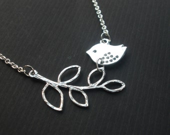 Bird Necklace, Bird and Branch, Silver Bird Necklace, Sparrow on a Branch Necklace, Silver Necklace, Leaves on a Branch, Sweet Birdie, Gift