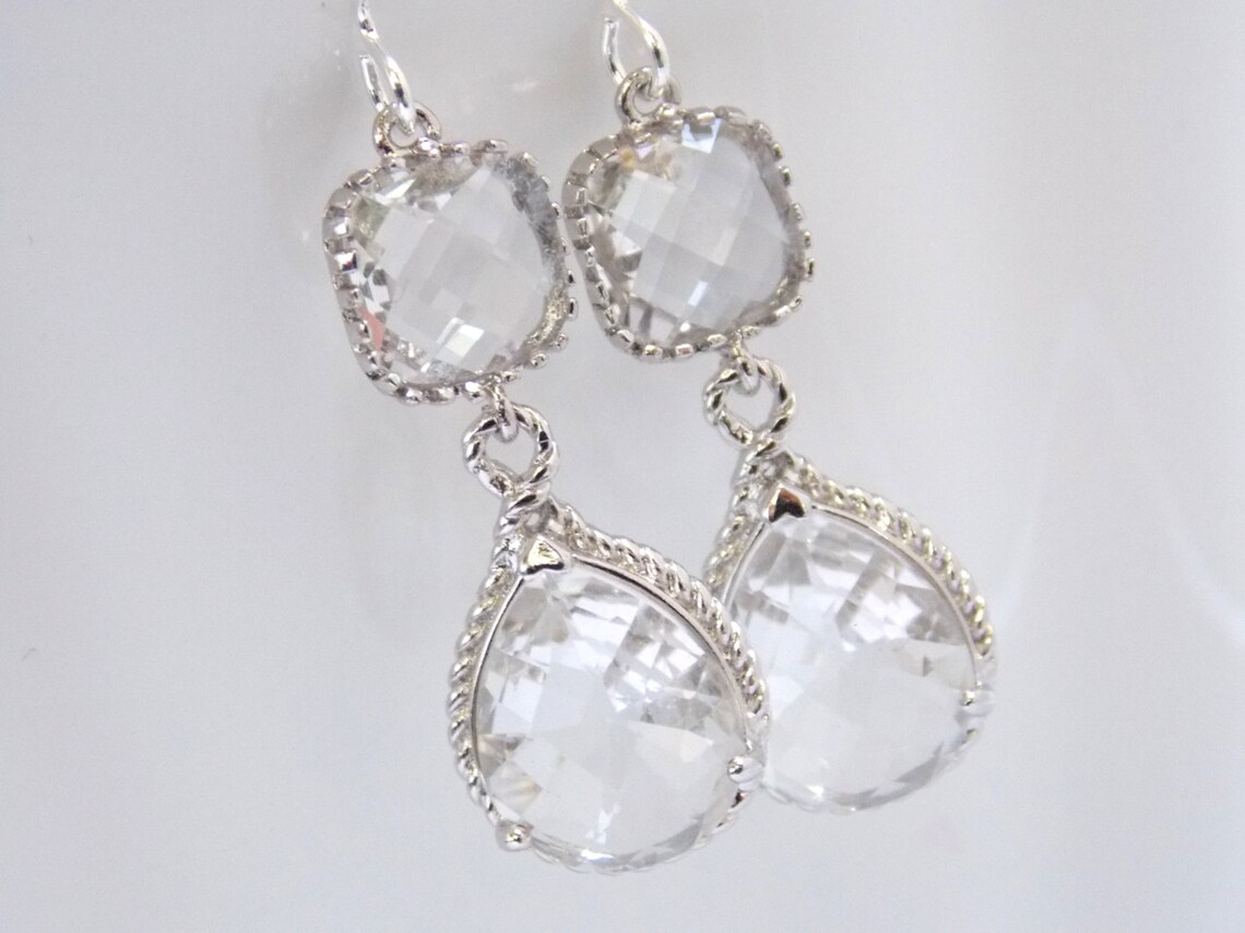 Silver Crystal Glass Earrings Clear Earrings Bride Earrings Etsy