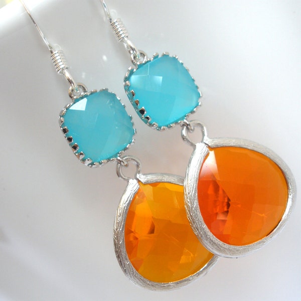 Orange Earrings, Silver Mint Earrings, Tangerine and Mint Earrings, Wedding, Bridesmaid Earrings, Bridal Earrings Jewelry, Bridesmaid Gifts