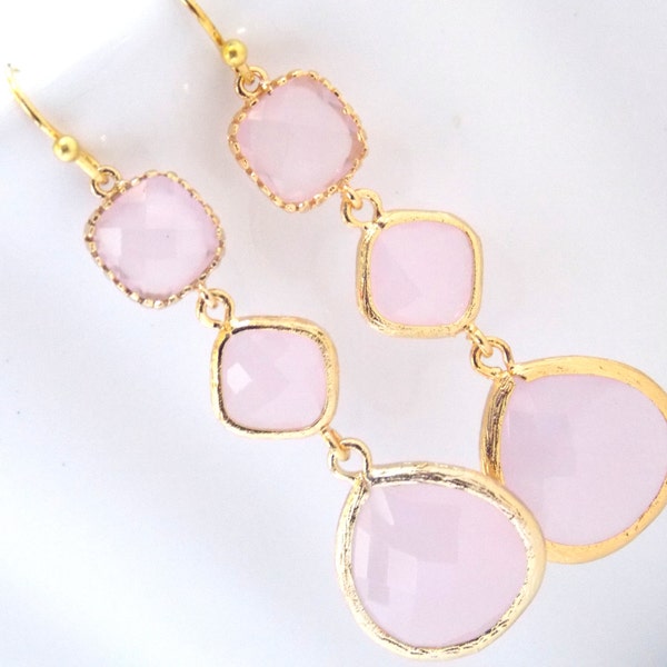 Pink Earrings, Glass Earrings, Gold Earrings, Soft Pink, Light Pink, Long Earrings, Bridesmaid Earrings, Bridal Jewelry, Bridesmaid Gifts