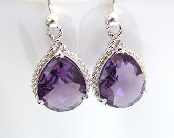 Purple Earrings, Glass Earrings, Silver, Drop, Dangle, Amethyst, Bridesmaid Jewelry, Wedding Jewelry, Bridesmaid Earrings, Bridesmaid Gift