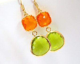 Glass Earrings, Apple Green Earrings, Gold Earrings, Orange Earrings, Tangerine, Bridesmaid Earrings, Bridal Earrings, Bridesmaid Gifts