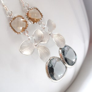 Gray Earrings, Grey Earrings, Peach Earrings, Silver Orchid Earrings, Flower Earrings, Champagne, Blush, Silver, Charcoal, Bridesmaid Gifts
