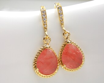 thumbnail image 2 of Handmade Coral Orange Pearl & Silver Drop Dangle Earrings – Wedding Bridesmaid Gift 2 of 4