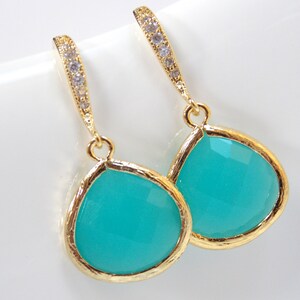 Mint Bridesmaid Earrings, Blue, Aqua, Weddings, Wedding Jewelry, Gold, Cubic Zirconia, Weddings Mint Earrings, Dangle, Bridesmaid Gifts