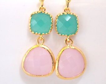 Pendientes de cristal, pendientes de color rosa, pendientes de oro de menta, verde menta, turquesa, pendientes de dama de honor, pendientes de novia joyería, regalos de dama de honor