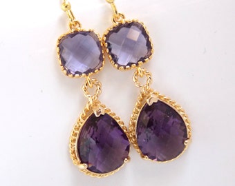 Gold Purple Earrings, Glass Earrings, Amethyst, Tanzanite, Bridesmaid Jewelry, Wedding Jewelry, Bridesmaid Earrings, Bridesmaid Gifts