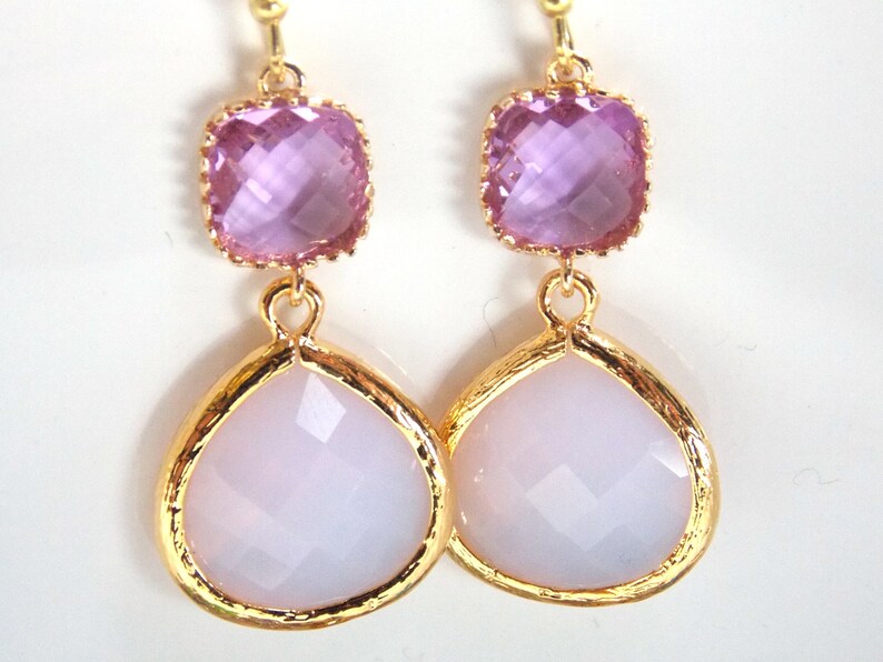 Lavender Earrings, Purple Earrings, Glass, Violet Opal Earrings, Lilac, Gold, Wedding Jewelry, Bridesmaid Earrings, Bridal, Bridesmaid Gift image 1