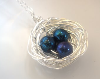 Sterling Silver Bird Nest Necklace with Blue Egg Beads, Sterling Silver Necklace, Birds Nest Necklace, Wire Wrapped, Blue Nest Necklace