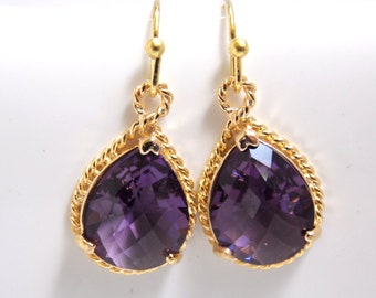 Purple Earrings, Glass Earrings, Amethyst, Tanzanite, Gold Earrings, Bridesmaid Earrings, Bridal Earrings, Bridesmaid Gifts