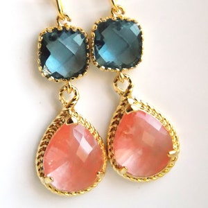 Gold Coral Earrings, Navy Blue Earrings, Peach, Bridesmaid Jewelry, Wedding Jewelry, Bridesmaid Earrings, Bridal Jewelry, Bridesmaid Gifts