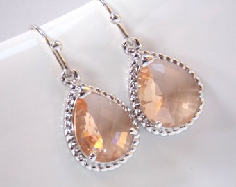 Peach Earrings, Blush Earrings, Glass, Silver, Champagne, Bridesmaid Jewelry, Wedding Jewelry, Bridesmaid Earrings, Bridesmaid Gifts, Dangle