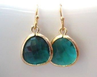 Emerald Earrings, Glass Earrings, Green Earrings, Gold Emerald, Dark Green, Bridesmaid Earrings, Bridal Earrings Jewelry, Bridesmaid Gifts