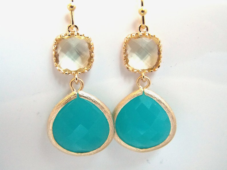 Aqua Blue Earrings Mint Blue Yellow Earrings Gold Earrings Etsy