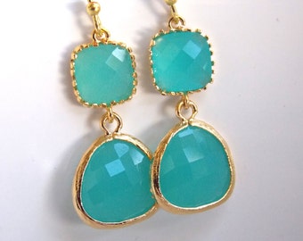 Glass Earrings, Mint Earrings, Gold Green Earrings, Dangle,Green Mint Blue, Aqua, Turquoise, Weddings, Bridesmaid Earrings, Bridesmaid Gifts