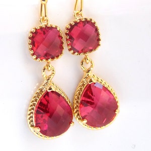 Gold Fuchsia Earrings, Fuschia Earrings, Dark Pink, Hot Pink, Long, Bridesmaid Jewelry, Wedding Jewelry, Bridesmaid Earrings, Bridal Jewelry